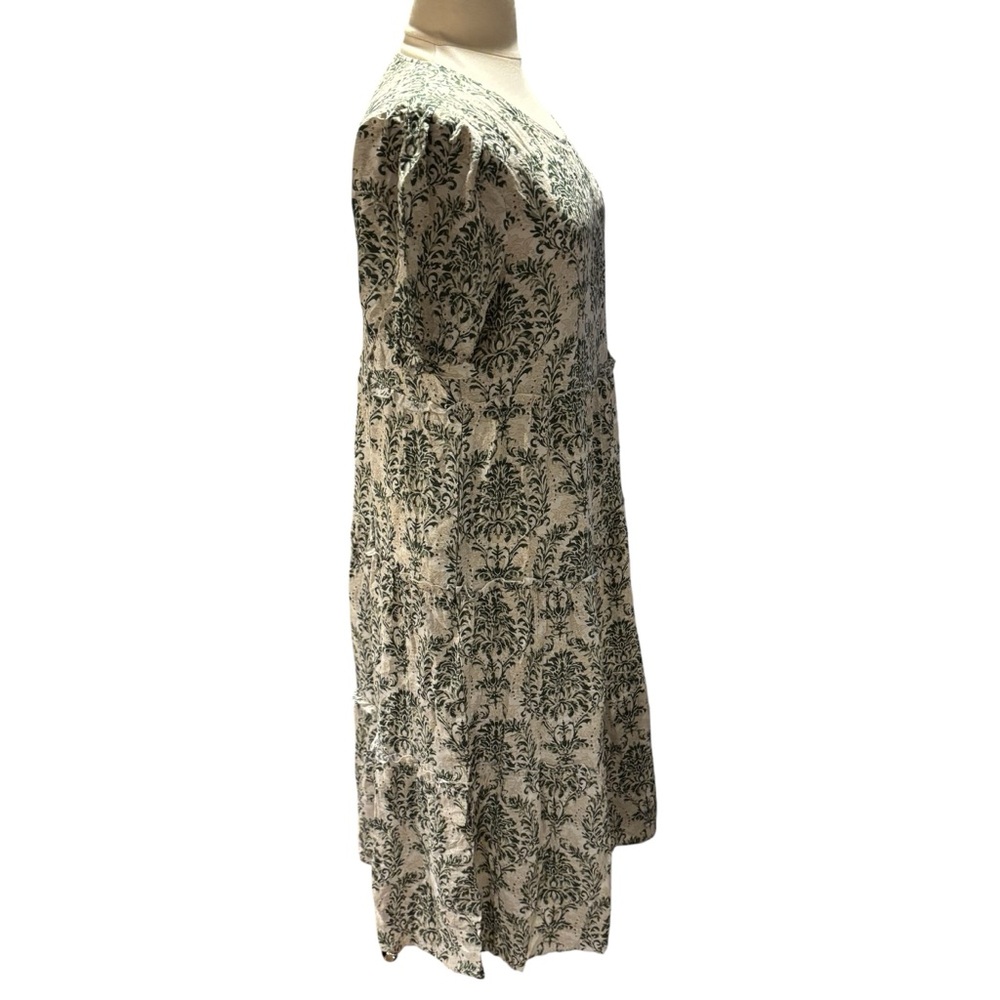 Green Damask Tiered Midi Dress Short Puff Sleeve Cotton Blend Pockets Cream #747 - Picture 3 of 9